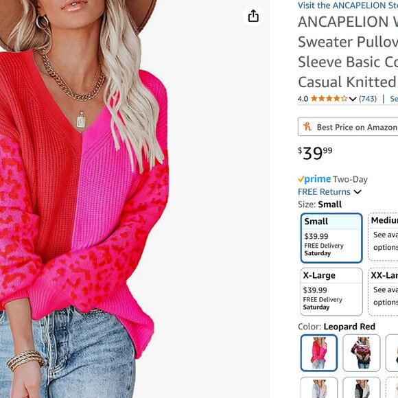 Pink and Red Leopard Sleeve V-neck Sweater - Size Small - Picture 7 of 7